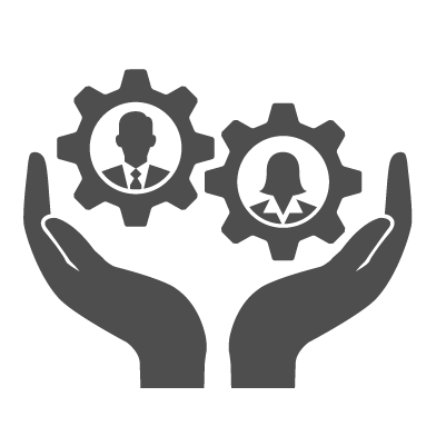 Icon of two open hands holding cogs or gears with icon shapes of a professional male or female