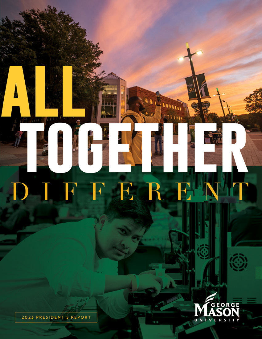 Cover of the 2023 President's Report with text "All Together Different" and an image of a student taking a photo of a sunset in front of the Johnson Center